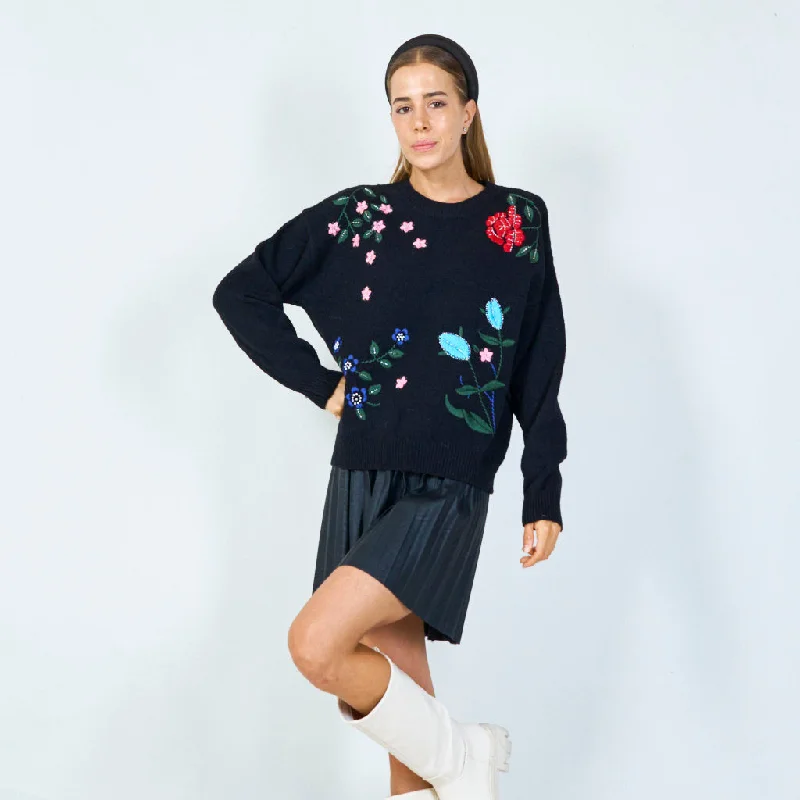 wide high-neck pullover sweaters -Vibrant floral applique sweater wholesale