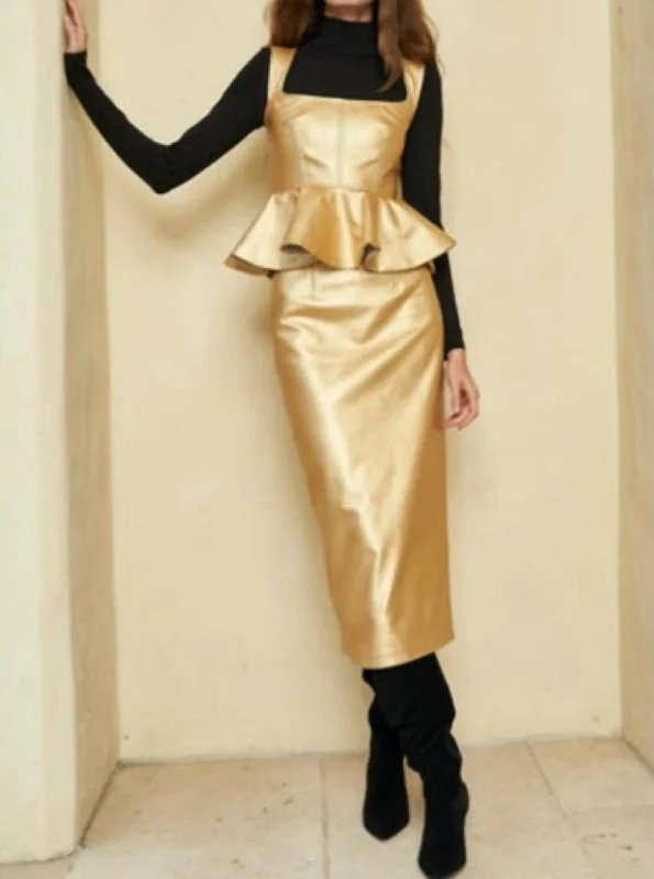 flared hem skirts -flared hem skirts -Taylor Skirt In Gold Faux Leather