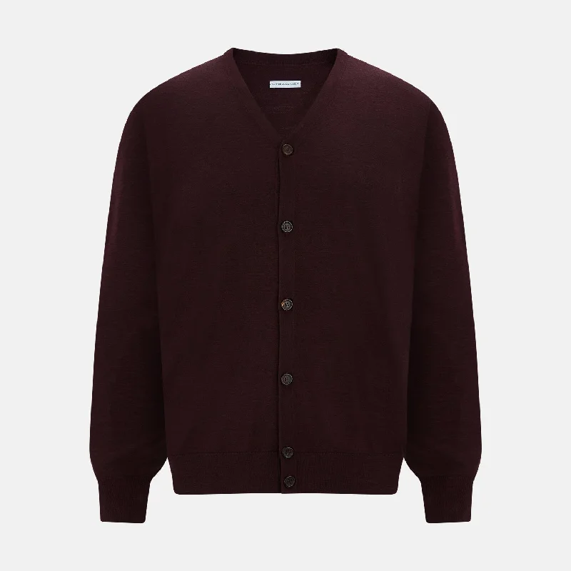 fitted cashmere cardigans -Burgundy Fine Merino V-Neck Cardigan