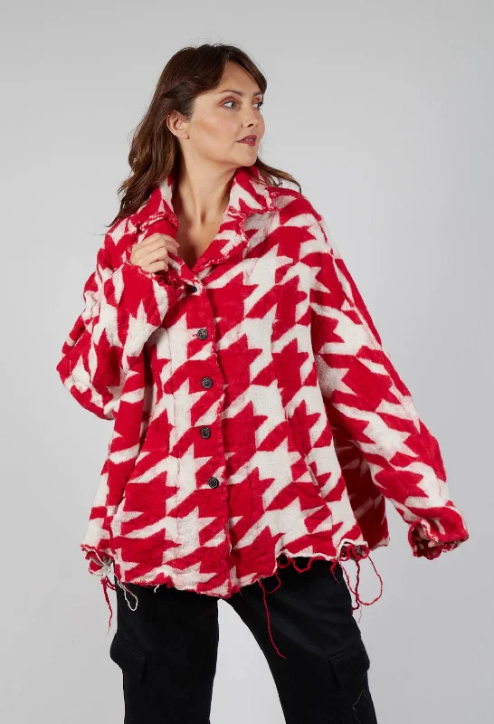 relaxed plaid cardigans -Button Dogstooth Cardigan in Cardinal Bone Jacquard