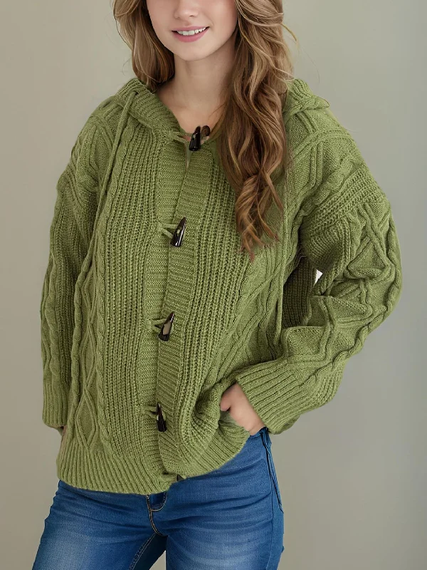 fuzzy alpaca cardigans -Cable-Knit Long Sleeve Hooded Cardigan