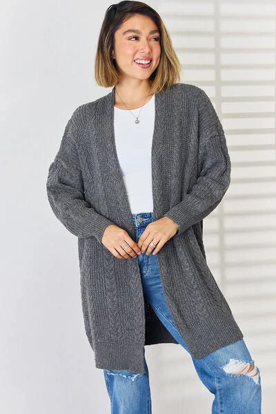 tartan alpaca cardigans -Cable-Knit Open Front Dropped Shoulder Cardigan