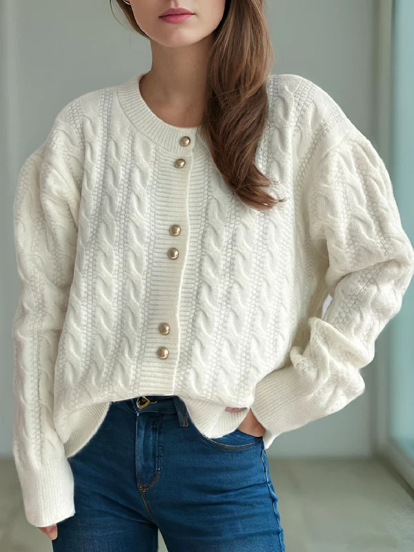 bold knit alpaca cardigans -Cable-Knit Round Neck Long Sleeve Cardigan