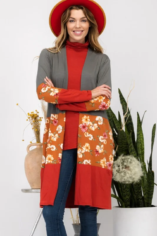 tight-knit alpaca cardigans -Celeste Full Size Floral Color Block Open Front Cardigan