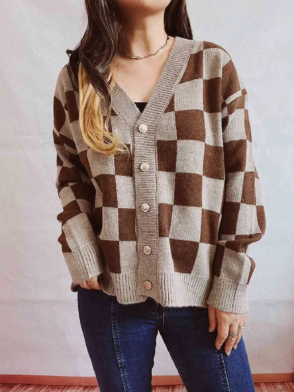 plush mohair cardigans -Checkered Open Front Button Up Cardigan