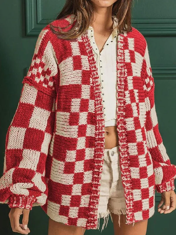 paisley mohair cardigans -Checkered Open Front Long Sleeve Cardigan