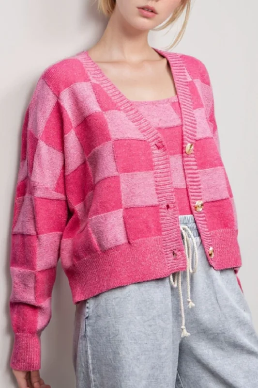 woven mohair cardigans -Checkered V-Neck Long Sleeve Cardigan