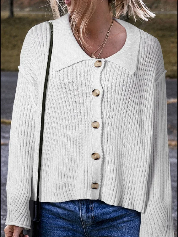 simple mohair cardigans -Collared Neck Button Down Long Sleeve Cardigan