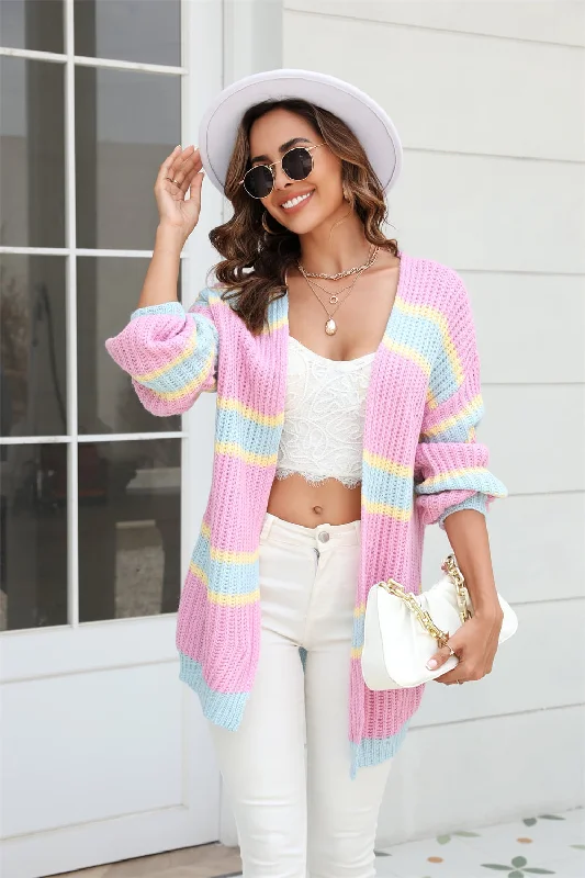 loose knit mohair cardigans -Color Block Ribbed Dropped Shoulder Open Front Cardigan