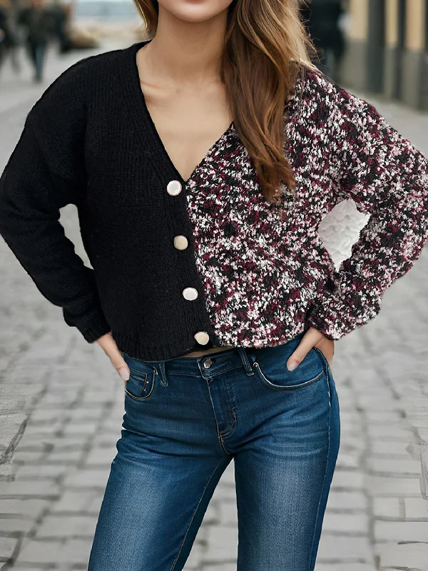 toggle ribbed cardigans -Contrast Button Up V-Neck Cropped Cardigan