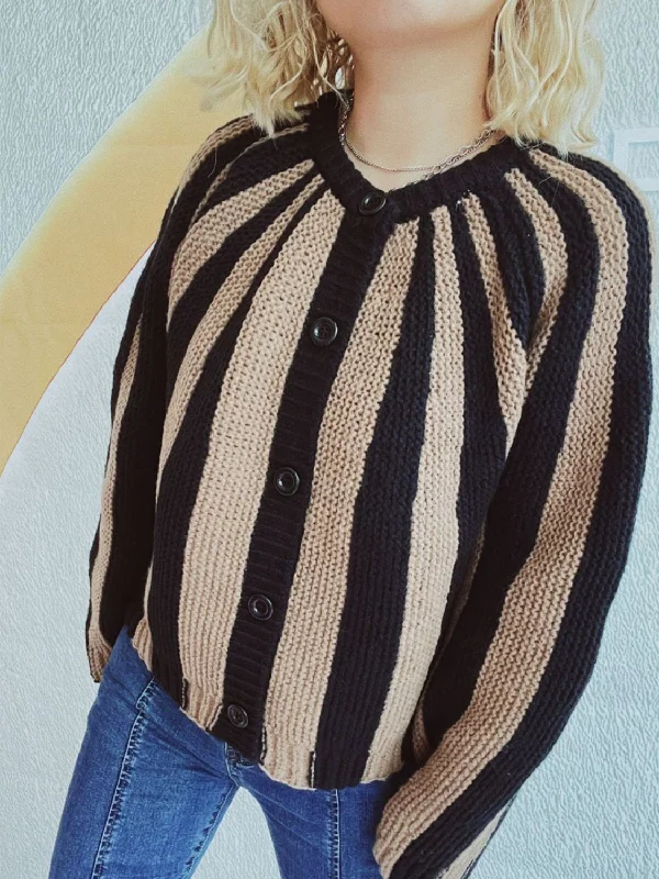 velvety ribbed cardigans -Contrast Stripes Button Down Long Sleeve Cardigan