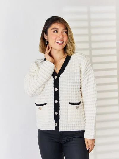 ribbed cardigans for work -Contrast Trim Button Up Cardigan