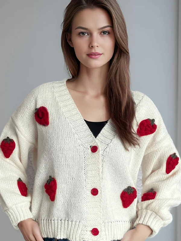 toggle plaid cardigans -Crochet Strawberry V-Neck Long Sleeve Cardigan