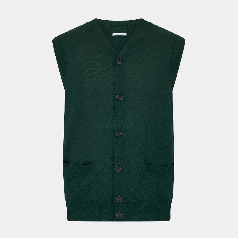 airy cashmere cardigans -Forest Green Fine Merino V-Neck Sleeveless Cardigan