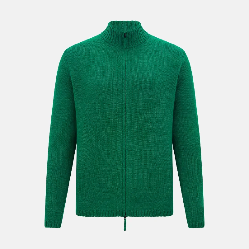 voluminous hooded cardigans -Forest Green Merino High Neck Zipped Cardigan