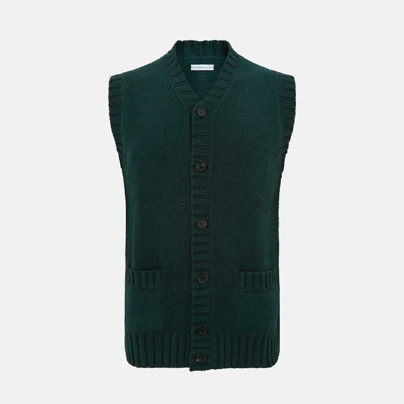 plush alpaca cardigans -Forest Green Merino V-Neck Sleeveless Cardigan