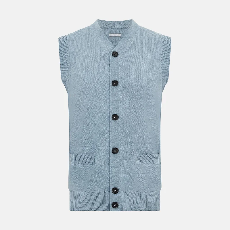 midi cardigans with buttons -Frost Blue Cashmere Sleeveless Cardigan