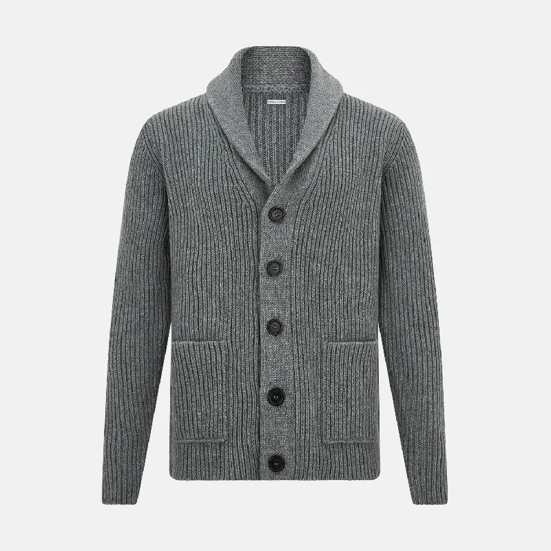 geometric wool cardigans -Grey Melange Cashmere Shawl Collar Cardigan