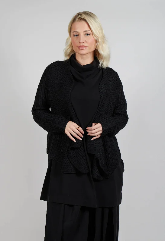 voluminous plaid cardigans -Knitted Wave Cardigan in Black