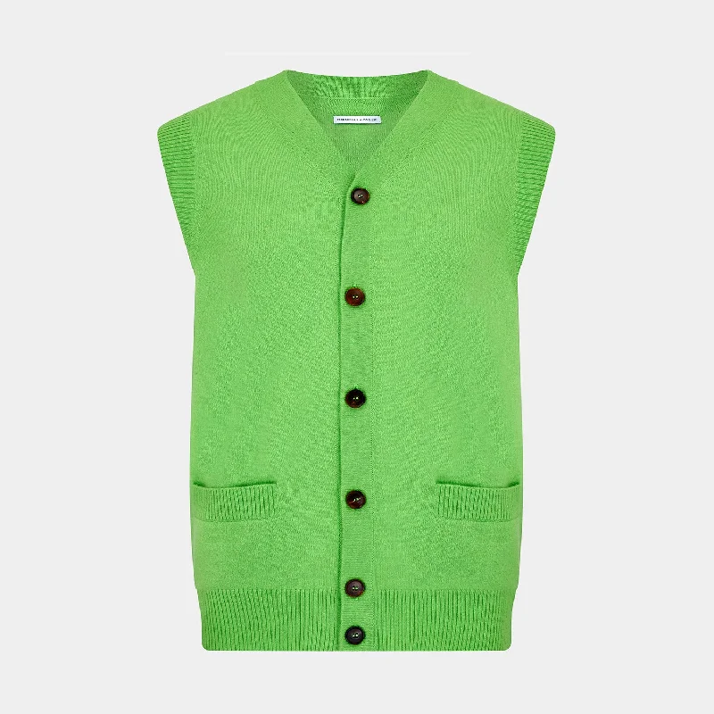 chunky cashmere cardigans -Lime Green Fine Merino V-Neck Sleeveless Cardigan