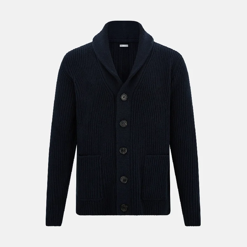 cardigans with toggles men -Midnight Blue Cashmere Shawl Collar Cardigan