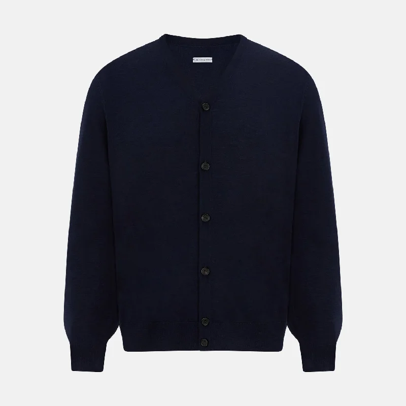 cashmere cardigans for work -Navy Fine Merino V-Neck Cardigan