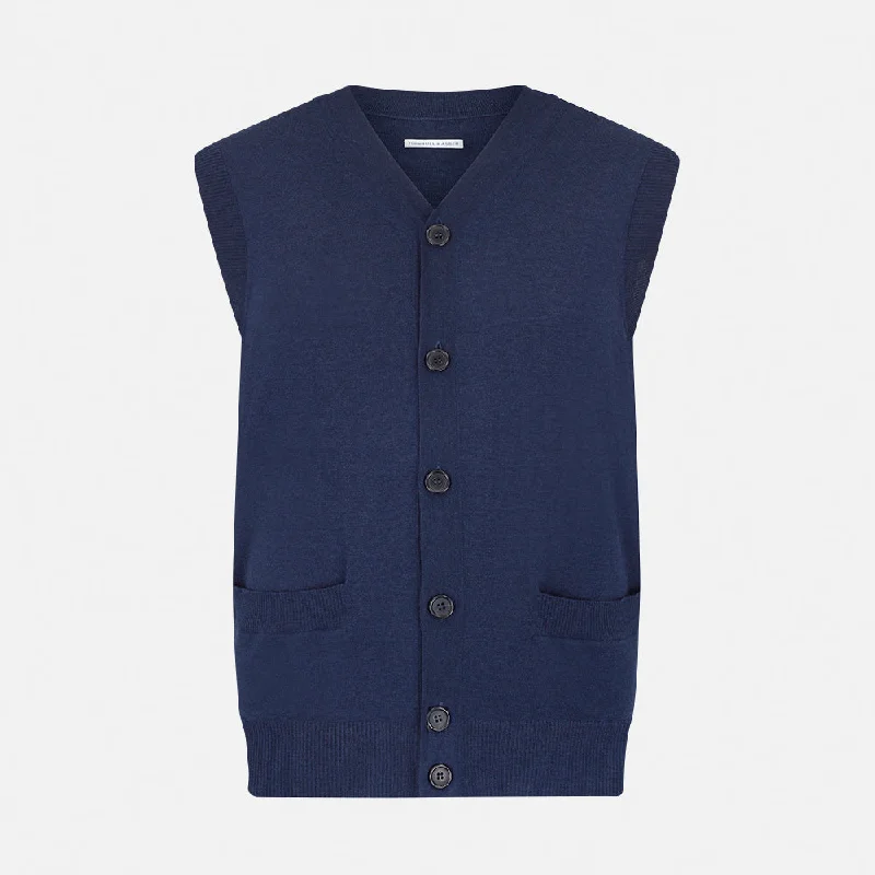 extra-long cashmere cardigans -Navy Fine Merino V-Neck Sleeveless Cardigan