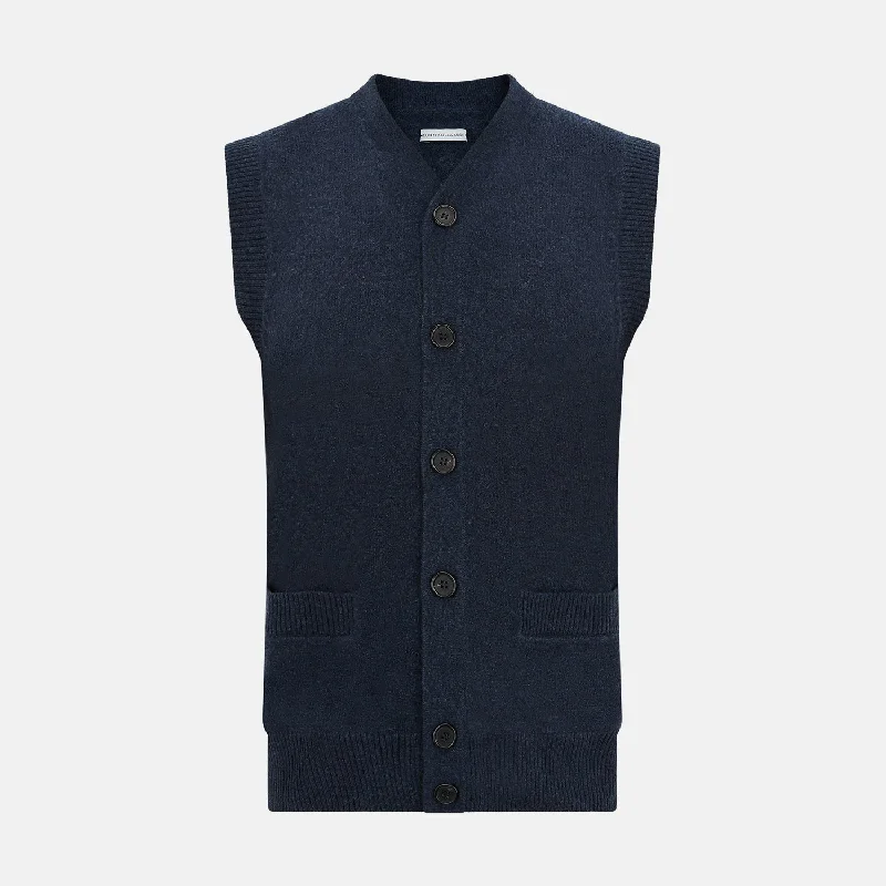 deep v-neck cardigans men -Navy Melange Cashmere Sleeveless Cardigan