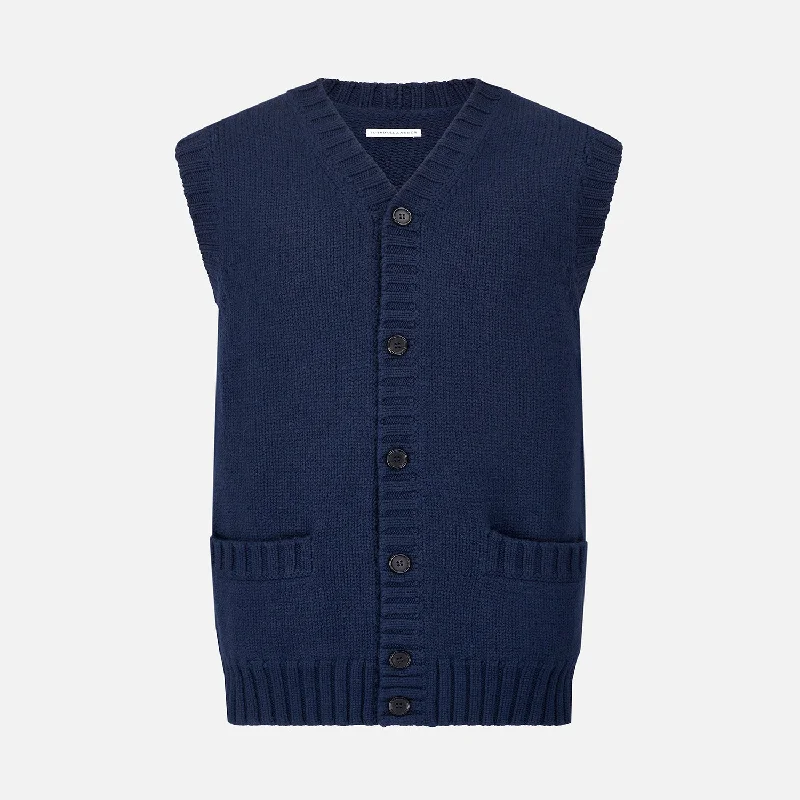 thin alpaca cardigans -NAVY MERINO V-NECK SLEEVELESS CARDIGAN