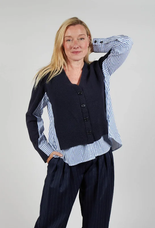 plaid cardigans with toggles -Panelled Stripe Shirt in Dark Navy and Off White