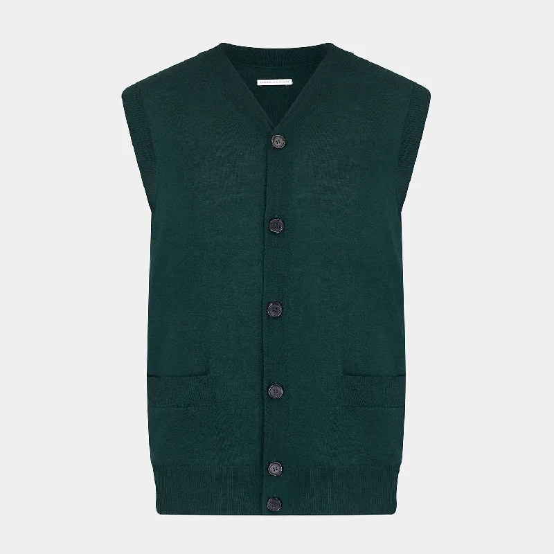 short cashmere cardigans -Petrol Green Fine Merino V-Neck Sleeveless Cardigan