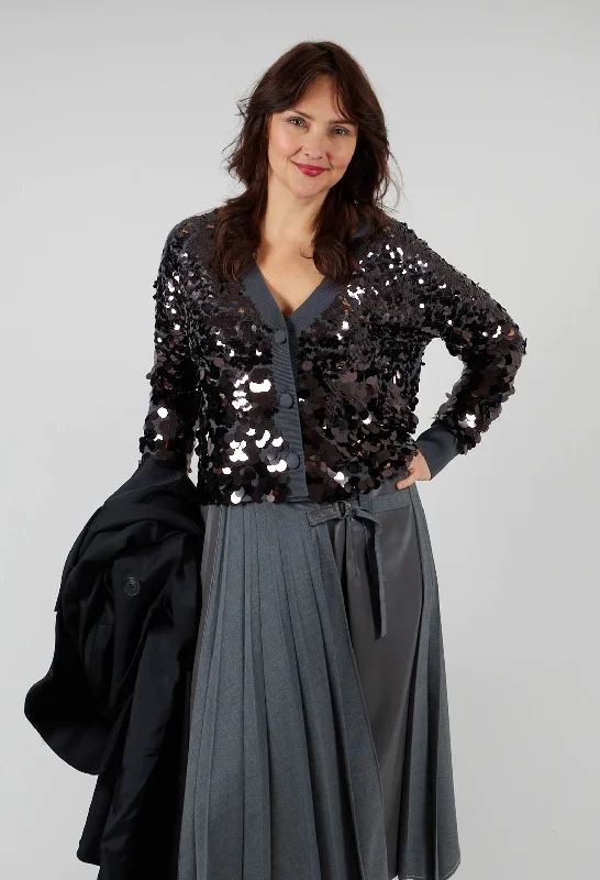 geometric ribbed cardigans -Sequin Cardigan in Dark Grey