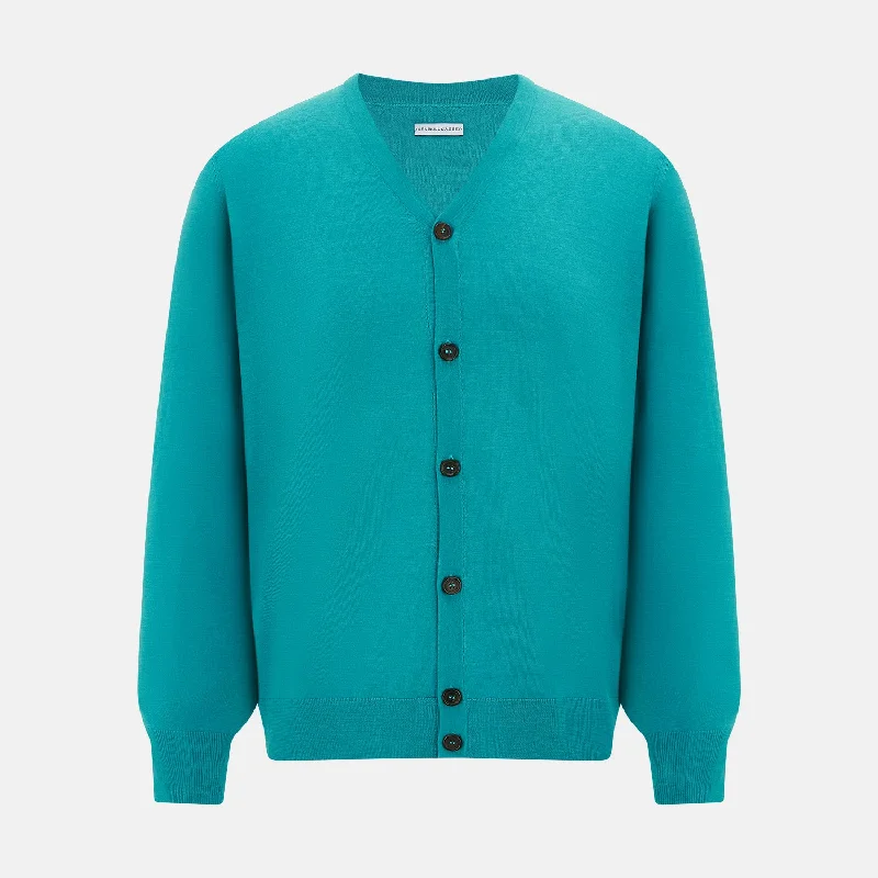 velvety cashmere cardigans -Turquoise Fine Merino V-Neck Cardigan