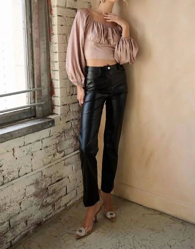 flowy cuff shorts -flowy cuff pants -Faux Leather Pants In Black