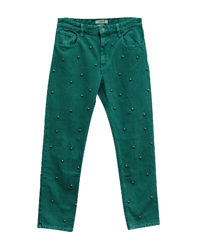 sports vented shorts -sports vented pants -Isabel Marant Etoile Pearl Studded Jeans in Green Cotton