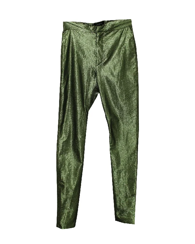 solid athletic shorts -solid athletic pants -Isabel Marant Shiny Trousers in Green Polyamide