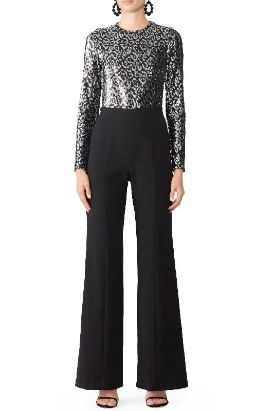 earthy bamboo shorts -earthy bamboo pants -Lazaro Sequin Jumpsuit In Black