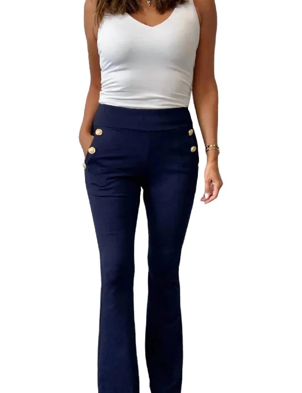 trim contrast shorts -trim contrast pants -Ponte Pants With Gold Buttons In Navy