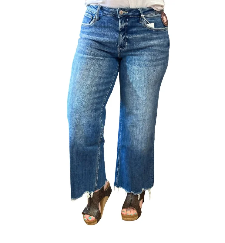 rib stretch shorts -rib stretch pants -Sedona Mid Rise Wide Leg Crop Denim Jeans In Medium Dark Wash