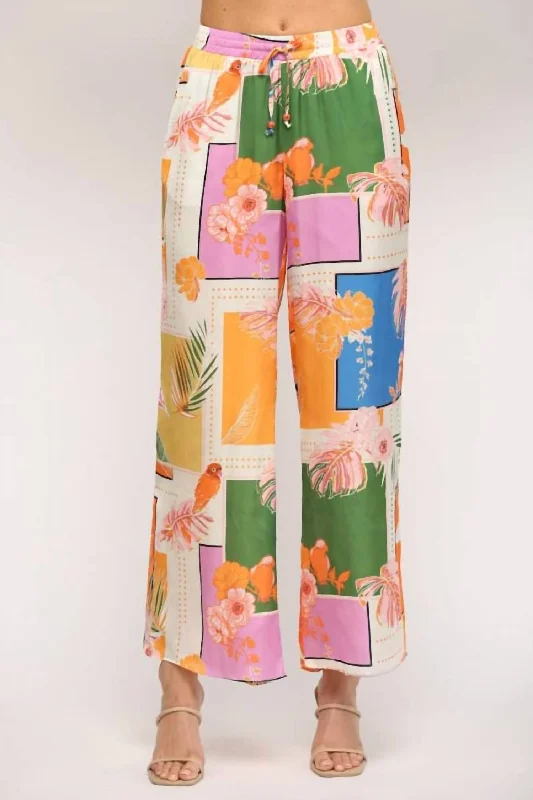 hem curved shorts -hem curved pants -Tropical Print Wide Leg Pant In Orange Multi