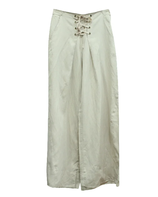 casual cropped shorts -casual cropped pants -Ulla Johnson Lace Up Pleated Twill Pants in Beige Lyocell