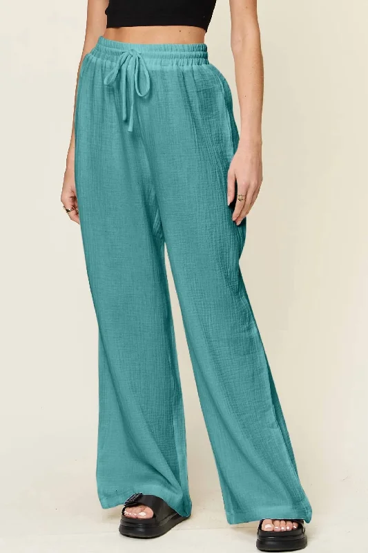 thermal cozy shorts -thermal cozy pants -Wide Leg Drawstring Pants In Cerulean